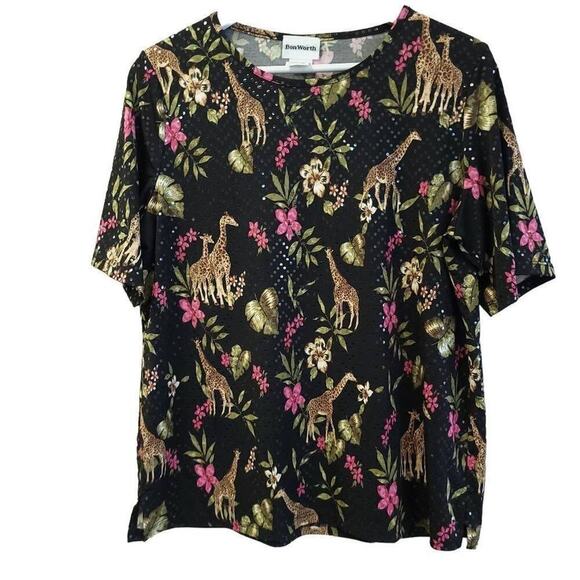 BonWorth Tops - Bon Worth Giraffe Tshirt Size Medium Sequins Flowers Floral Black Pink